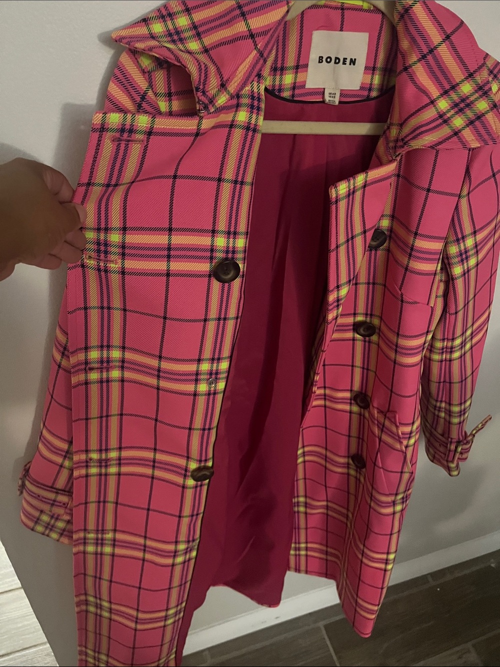 Boden Cheltenham Trench Coat Pink Neon Plaid Check US 2 – $498 Retail - Picture 7 of 9